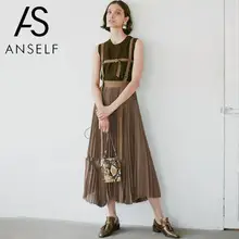 Осенняя модная юбка женская однотонная плиссированная юбка на подтяжках Эластичная Высокая талия длинная Повседневная Свободная макси юбка женская