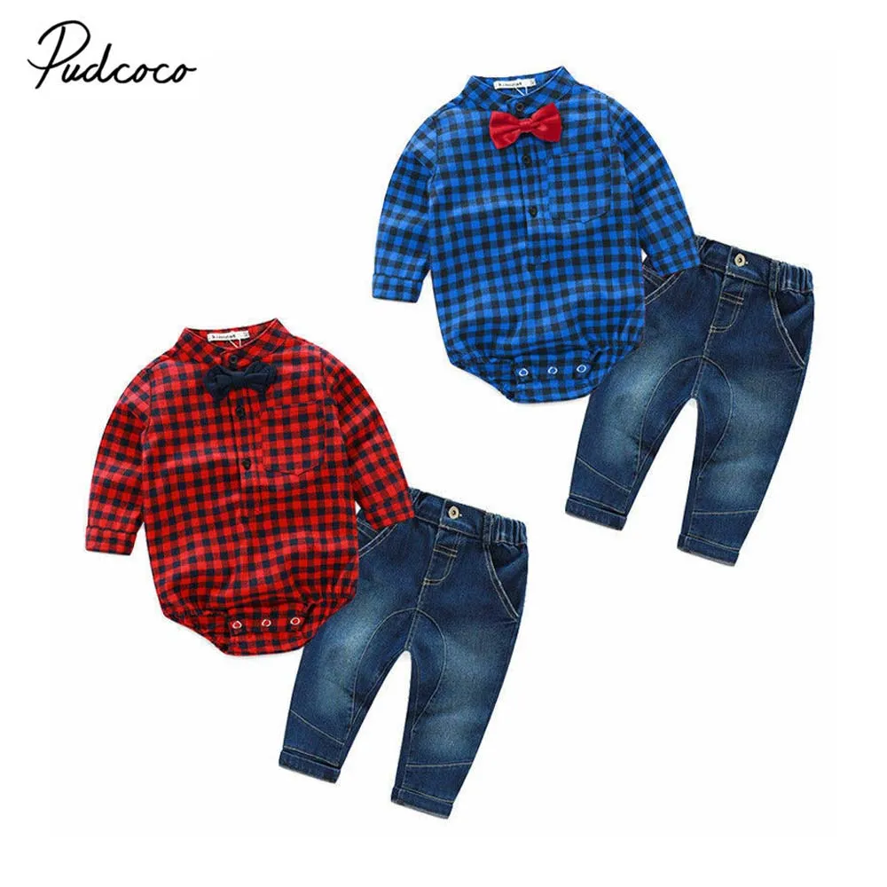 

2019 Brand Gentleman 2Pcs For Boys Newborn Baby Boy Clothes Plaid Romper Bodysuit Tops+Denim Pants Outfits Set Autumn Clothing