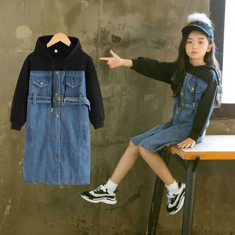 Платья для девочек, г., весеннее джинсовое платье в стиле пэчворк вечерние платья с длинными рукавами и капюшоном для девочек Одежда для девочек-подростков 6, 8, 10, 12, 14 лет