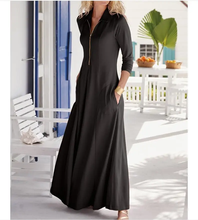 

2020 Elegant Ladies Long Sleeve Solid Color Pocket Medium Knitted Zipper Personalized Dress Casual Retro Dress Women's Dress