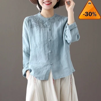 

Style Autumn Arts Women Long Sleeve O-neck Loose Shirts Vintage Embroidery Cotton Linen Blouses Tops Femme Blusas Plus Size
