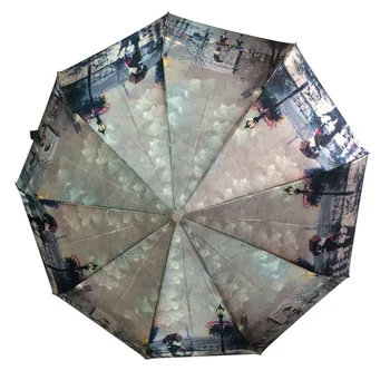 

Automatic Fold Umbrella Rain Women Satin Fabric Oil Painting Strong Frame Colorful Waterproof Windproof