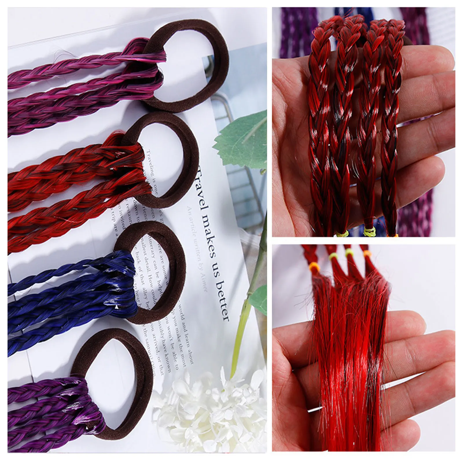 10PCS Assorted Colors Braided Ponytail Extension Wig with Elastic Rope for Kids Girls Parties Festivals Costume Hair Accessories