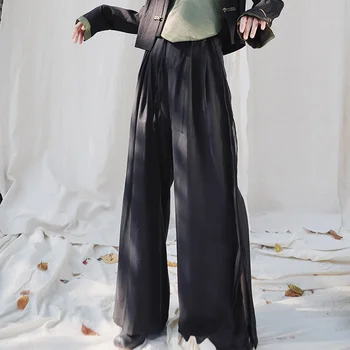 

LANMREM can ship lightweight Cupro high waist straight pants for women black wide leg pants vent trousers 2020 autumn new YH984