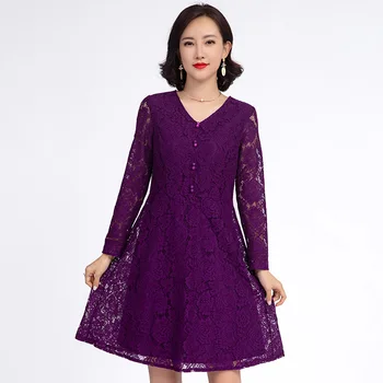 

women's lace dress 2019 autumn winter new midi ball gown dress v neck pinched waist beaded dress party dress slim plus size 5XL