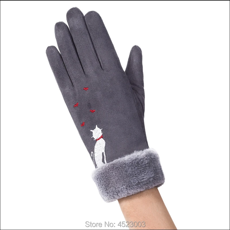 Женские замшевые перчатки для сенсорного экрана, зимние перчатки на полный палец, теплые перчатки с вышивкой в виде снежинок - Цвет: D2