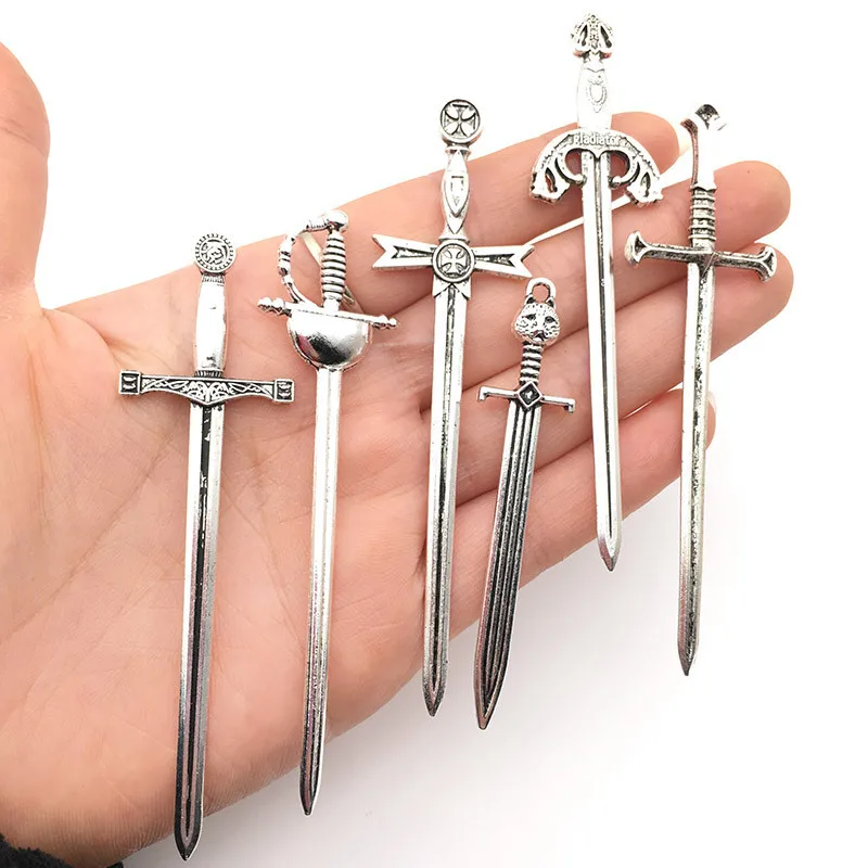 

6pcs/lot Alloy Mixed Antique Silver Color Knight Sword Charms For Jewelry Making DIY Handmade Weapons Pendant Charm