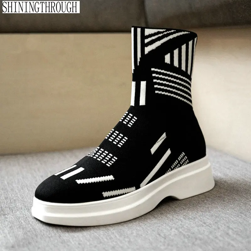 

2019 new spring autumn knitting Sneaker for women ankle boots fashion mixed color High-top Lightweight Casual Shoes