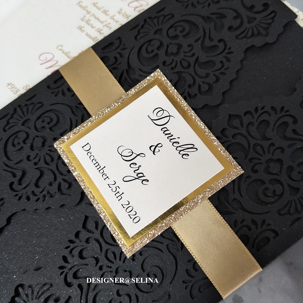 50X Black Wedding Invitation With Ribbon And Glittery Metallic Label  Personalized Printing DIY Union Party Greeting Cards|Cards & Invitations| -  AliExpress