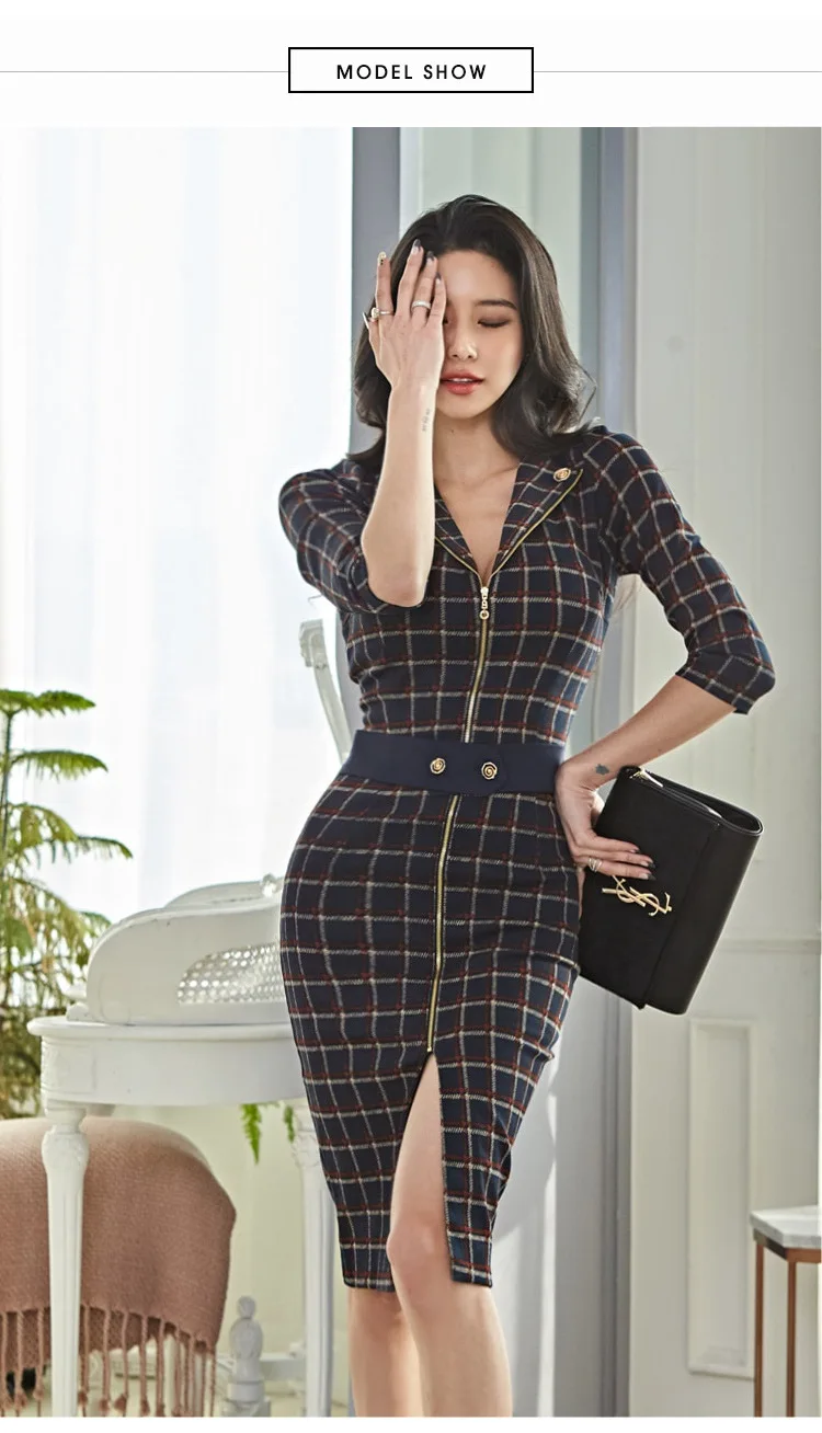 High waist Ladies Plus size party dresses Autumn Cotton blend Splicing plaid zipper Sexy Dress womens Skinny Office Dress