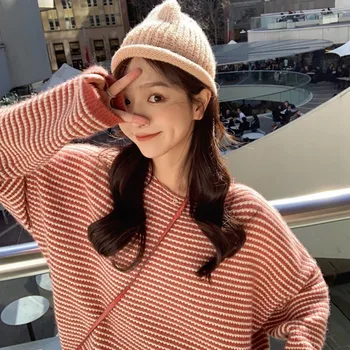 

Lazy Loose Women Sweater Fashion Autumn Winter Stripes Print Slim Long Sleeved Round Collar Slim Bottom Knit Sweater HX01