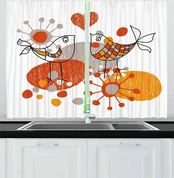 

Valentines Kitchen Window Curtains Love Birds with Hearts Romantic Spring Fun Happy Sketch Window for Kitchen Cafe Decor 55"in