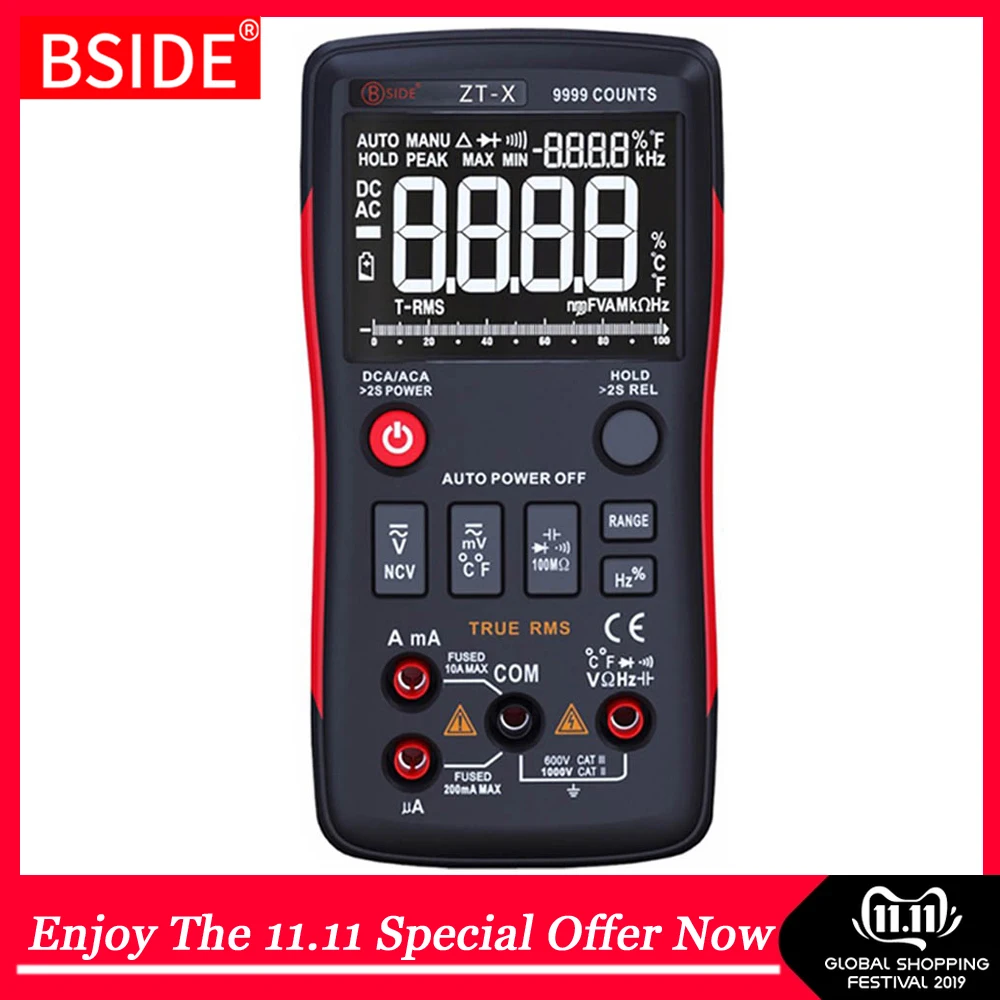 

BSIDE ZT-X Digital Multimeter True RMS 9999 Counts 3 Lines Display Multimetro DMM DC/AC Voltmeter Ammeter Ohm HZ Temp Tester