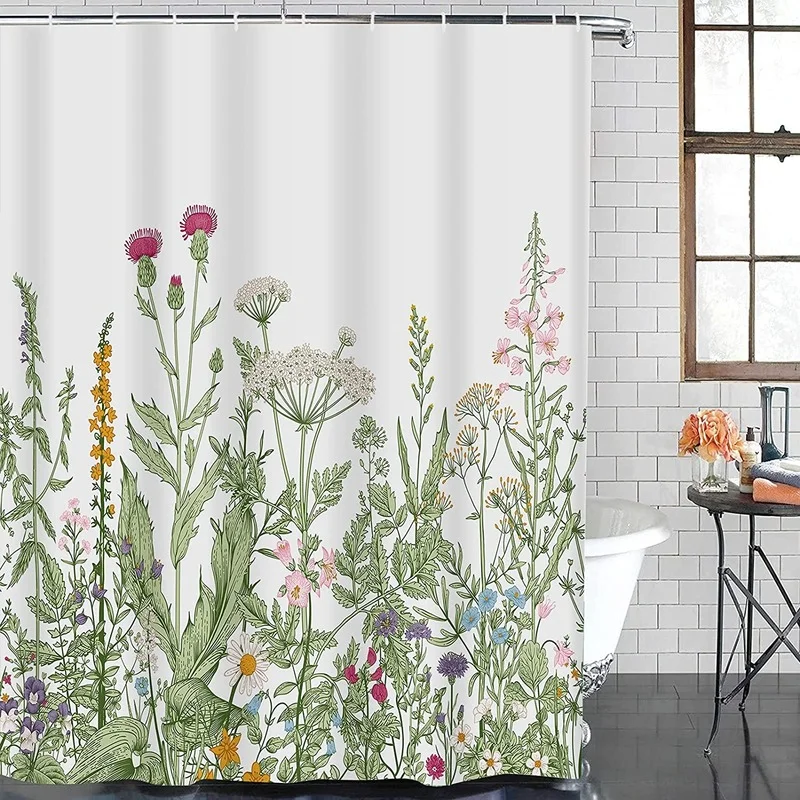 

Shower Curtain Floral Border Herbs and Wild Flowers Botanical Colorful Waterproof Polyester Curtain with Hooks Bathroom Supplies