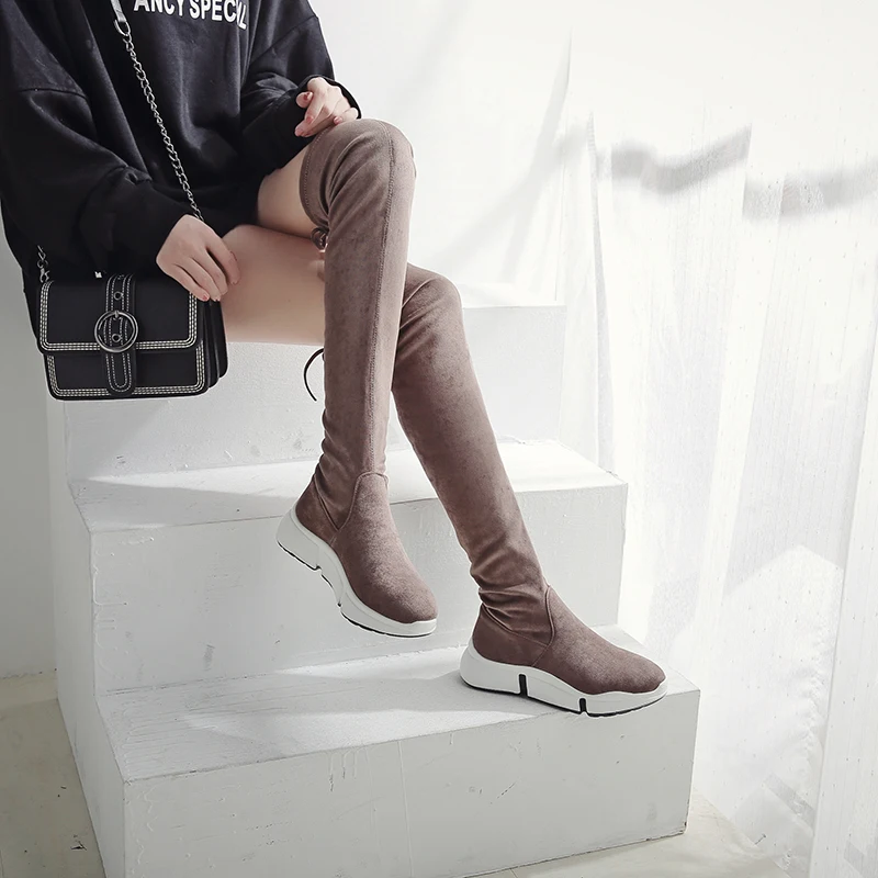 LZJ NEW Women Boots Autumn Winter Ladies Fashion Flat Bottom Boots Shoes Over The Knee Thigh High Knitting Wool Long Brand Boots