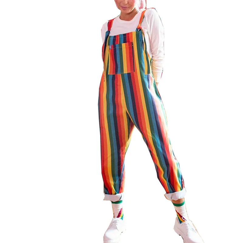 

Rainbow Stripes Print Streetwear Overalls Women Casual Ladies Joggers Trousers High Waist Hippie Baggy Pants Autumn Winter