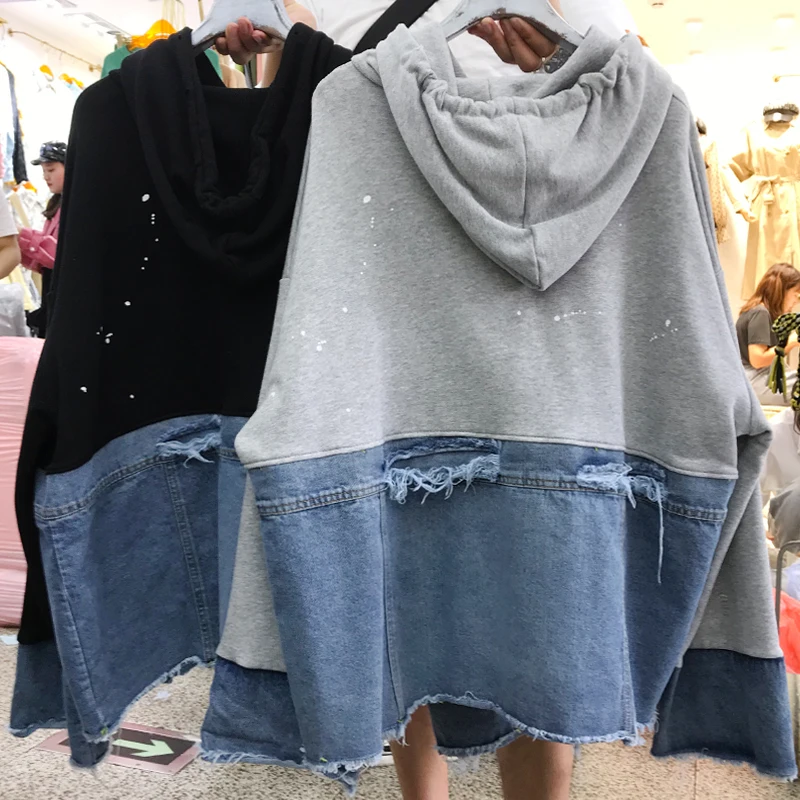 Loose Hoodie Woman Oversized Sweatshirt Autumn Holes Pullovers Long Sleeve Denim Coat Girls Student Loose Streetwear Femme