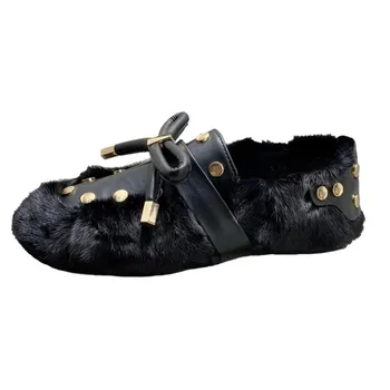 

Square Head Rivet mink Shoes Plus Velvet Cotton Leather Loafers Women Lazy Boat Shoes Flat Women's Shoes espadrilles zapatos