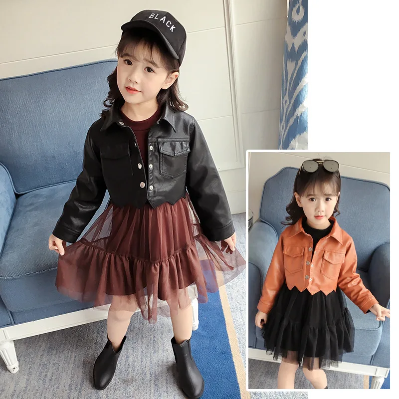 

Children Korean-style Thick Set Autumn And Winter Girls Warm Dress Leather Coat Baby Two-Piece Set