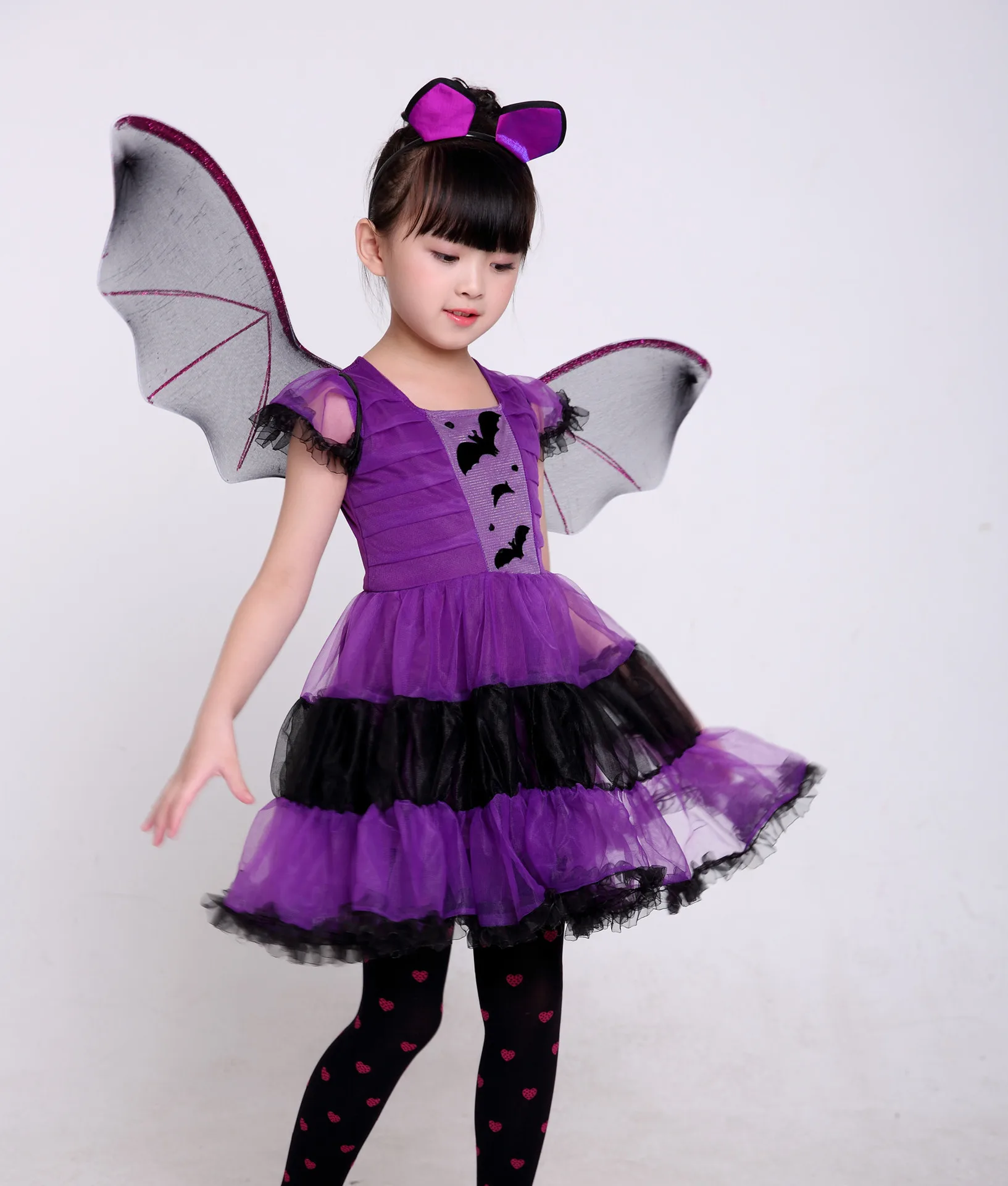 Vestido roxo de princesa vampiro infantil, fantasia cosplay de bruxa com  asa e tiara para halloween