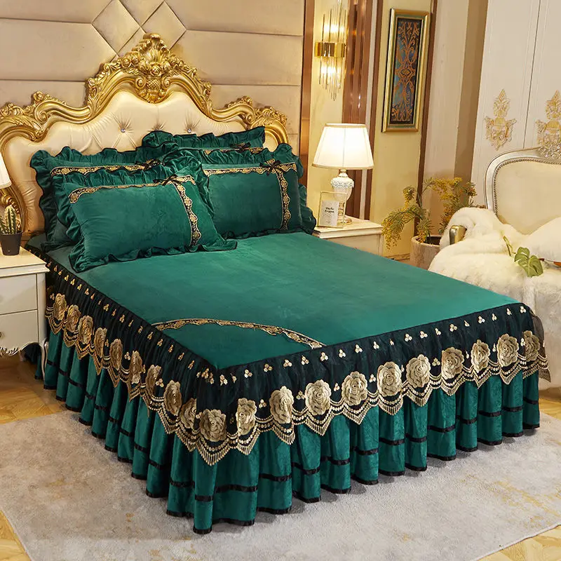 Thicken Crystal Velvet Lace Bed Skirt Luxury Embroidered Bedspread on