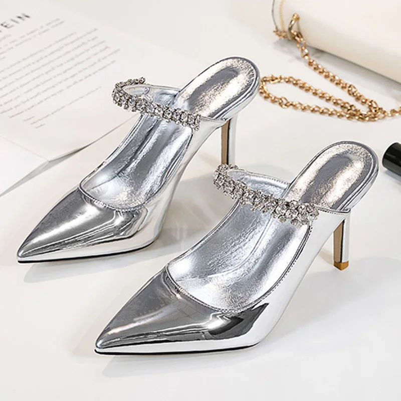 WEIQIAONA Spring and summer foot ring strap shoes  low heel stiletto pointy shoes mesh rhinestone sandals