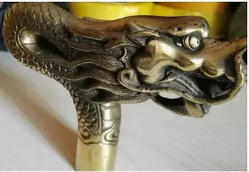 

free shipping China Old Handwork Carving Bronze Dragon Statue Cane Head Walking Stick Free shipping