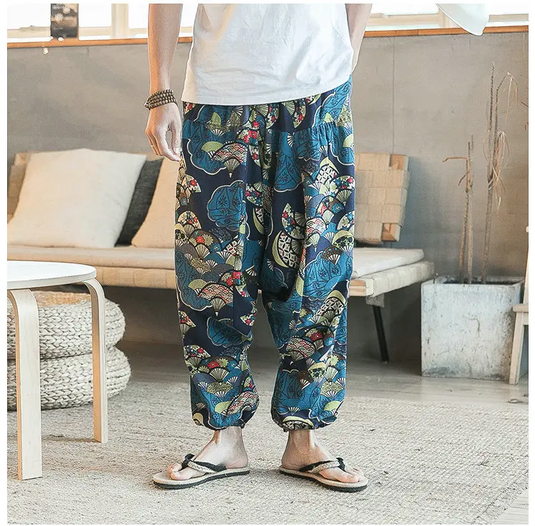 Nice Harajuku Cotton Linen Harem Cross Pants Men Jogger Pants Male Summer Floral Print Hawaii Beach Pants Trousers