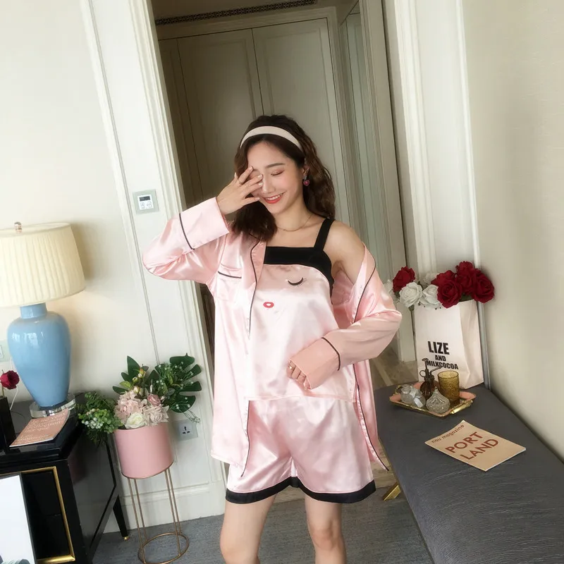 

According to Feminine Spring And Autumn Pajamas Women's Summer Thin Section Camisole Robe Shorts Eye Patch Four-piece Set Homewe