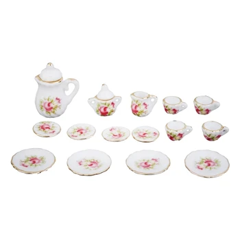 

Dollhouse Miniature Ware Porcelain Tea Set Plate Mug Plate Pink Flower 15 Pcs