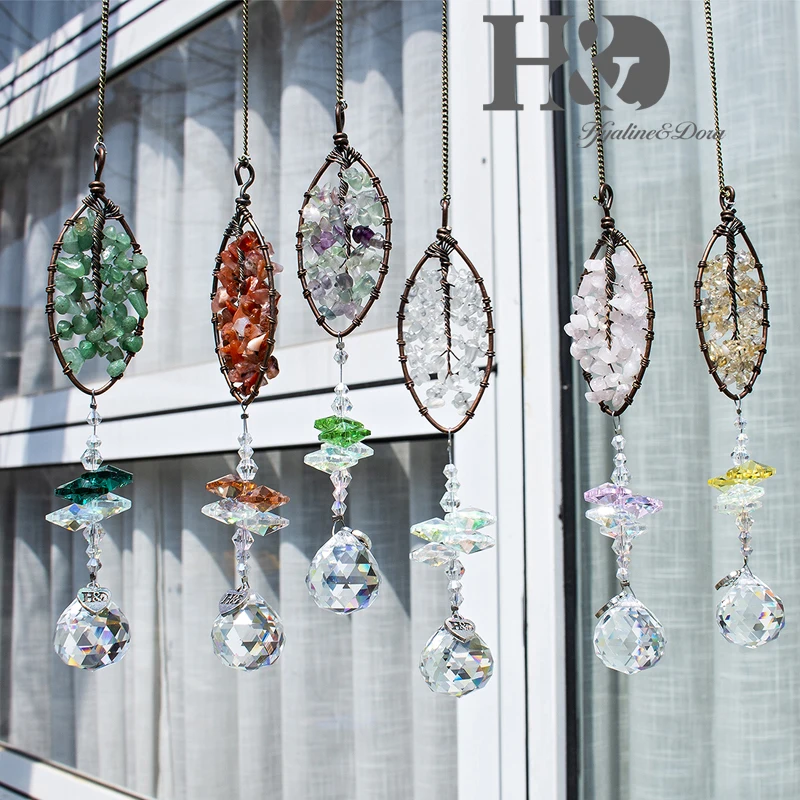 H&ampD 6Pcs Crystal Rainbow Suncatcher Tree Of Life Pendants Hanging Chakra Colors Glass Crafts For Home Window Wedding Car Party | Дом и сад