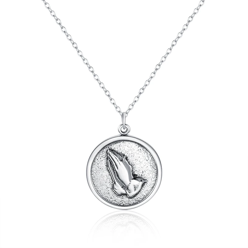 

Cross border hot style necklace simple round coin 925 sterling silver prayer gesture necklace for men and women