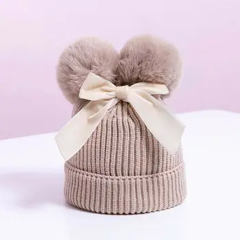 

Cute Kids Baby Girls Boys Double Pompom Hats Knitted Winter Warm Thicker Children Beanie Caps Toddler Infant Cute Bow Hats