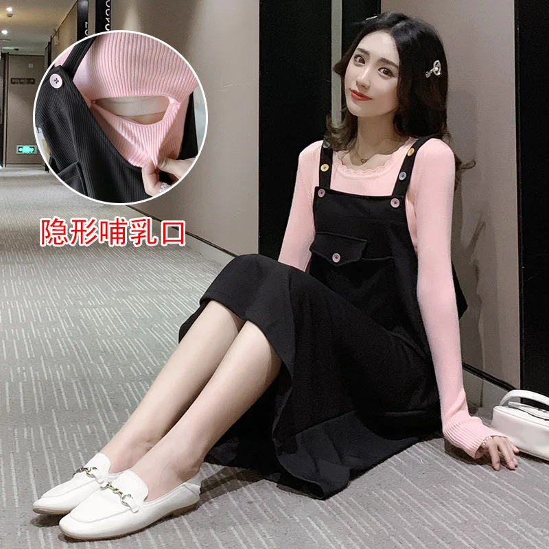 

2019 New Style Maternity Dress Mid-length Late Pregnancy Nursing Nursing Sweater Base Shirt Suspender Skirt Two-Piece Set