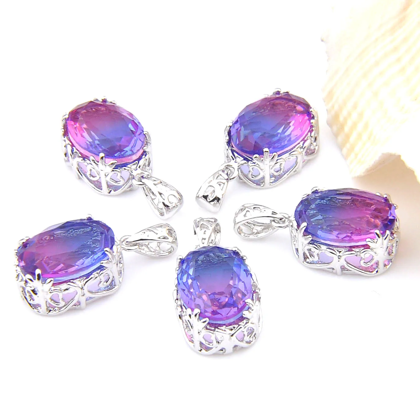 MIX 5 PCS Xmas Gifts Big Offer Oval Purple Rainbow Bi-Colored Tourmaline Necklaces Pendants for Holiday Party Gifts