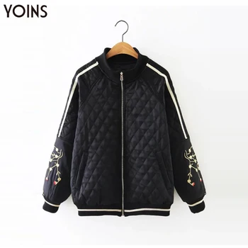 

YOINS 2020 Autumn Winter Spring Women Bomber Jackets Diamond Coats Embroidery Pattern Sleeves Round Neck Side Pockets Jackets