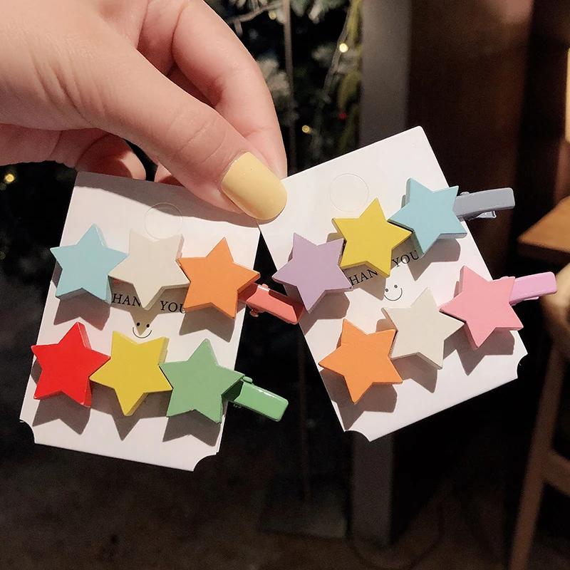 2Ps/Set Sweet Color girl cute wood star Hair Clip Hairband Bobby Pin Barrette Hairpin Headdress Beauty Accessory Tools