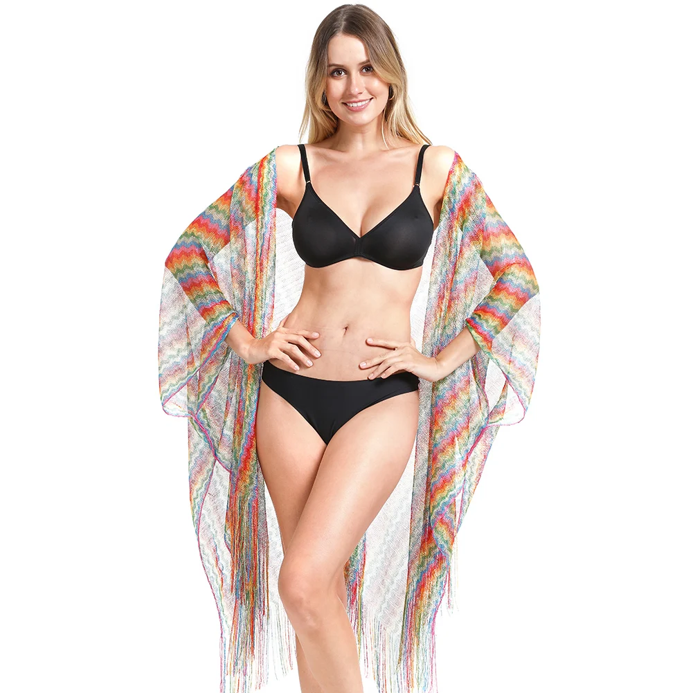 Women's Beach Pashmina Shawls Cover up Bikini Swimsuit Summer Kimono Boho Rainbow Striped Sarong Wrap bikini cover