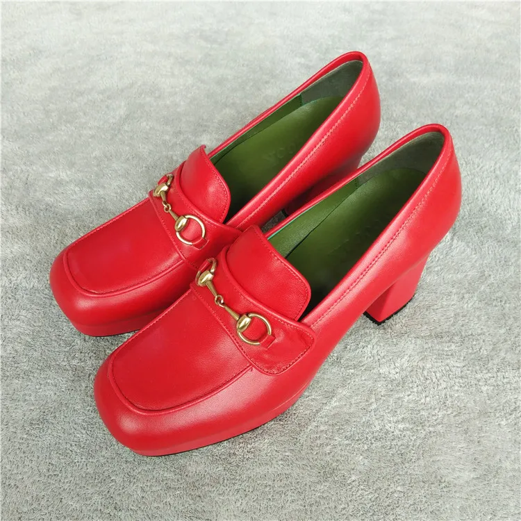 

Kccook 2020 Spring & Fall Women's Leather Shoe with Metal Buckle and Square Toe