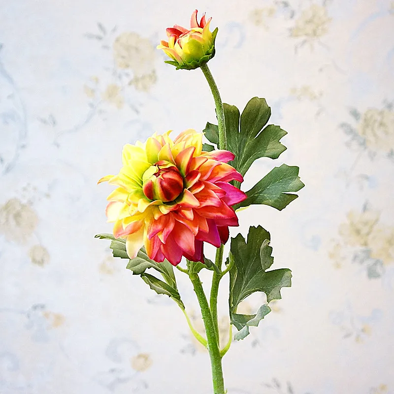 2 головки Dahlias Искусственные цветы Шелковые осенние яркие настоящие на ощупь ромашки искусственные цветы для свадебной вечеринки DIY Украшение Дома Цветочный