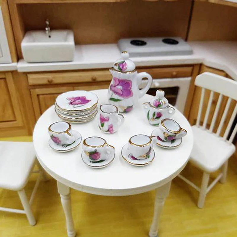 

15Pcs/set 1:12 Dollhouse Miniature Tableware Porcelain Flower Tableware Kitchen Dollhouse Furniture Ceramic Tea Cup Plate