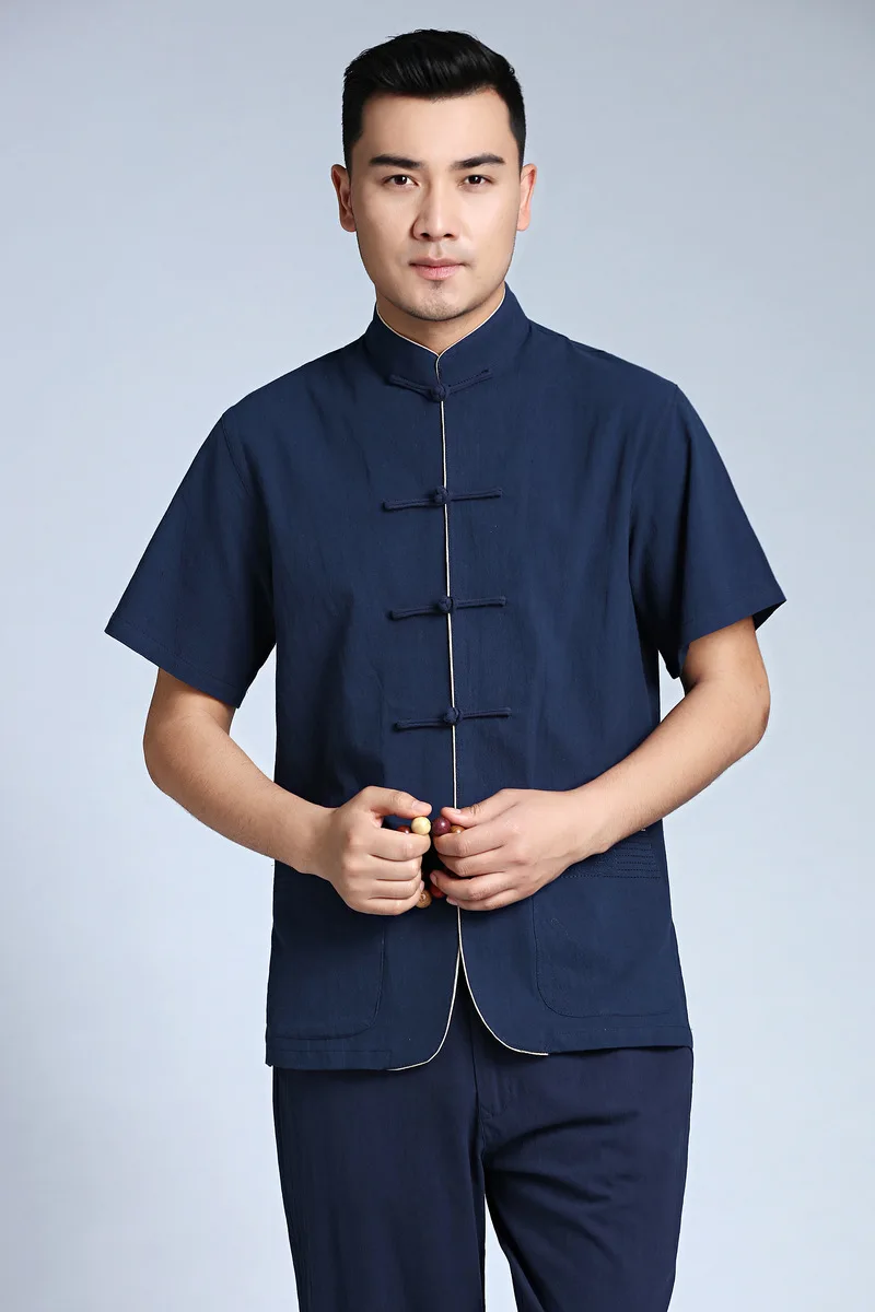 Chinese-style Chinese Style Cotton Linen Chinese Costume MEN'S Short Sleeve Shirt 2724-3 Tops Middle-aged Half Sleeve Shirt/Set