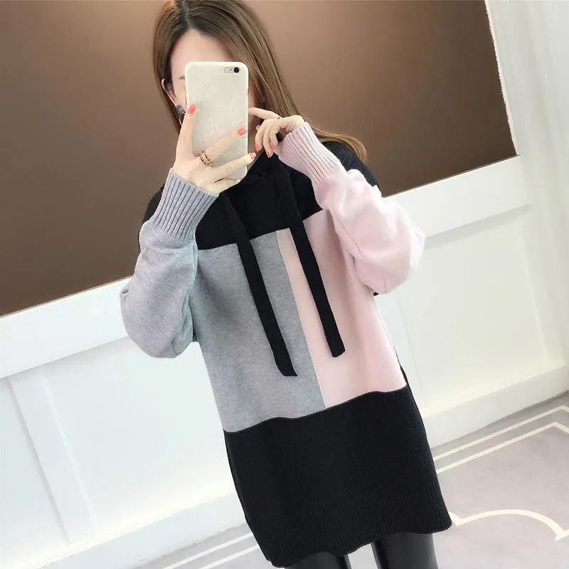 Neploe Pull Femme контрастный цвет женский зимний свитер длинный рукав с капюшоном Теплый трикотаж джемпер трикотажные топы пуловеры 55343