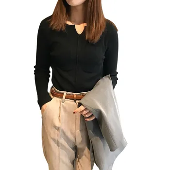 

Autumn New Korean Style Pockets Solid Color Sweater Sexy Slim V-neck Long-sleeved Women Knitted Pullover