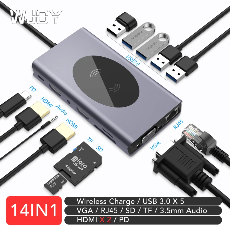 

WJOY USB C Hub VGAHDMI Adapter 4K Thunderbolt 5 USB C 3.0 Hub Wireless Charge TF SD Reader Slot PD Laptop Docking Station