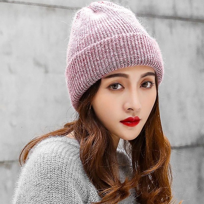 

Women knitted Winter Hat female Warm Rabbit fluff beanie Girl Solid Bonnet femme Skullies beanies Soft Hats Women's Winter Caps