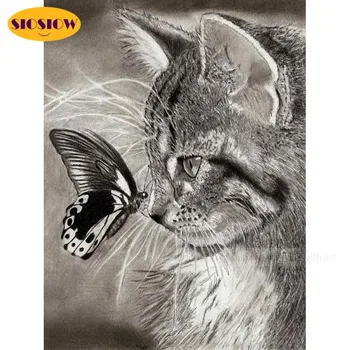 

5d Diy Diamond Painting Cross Stitch Black And White Cat Butterfly Full Round Drill Daimond Mosaic Embroidery Animals Decor Home