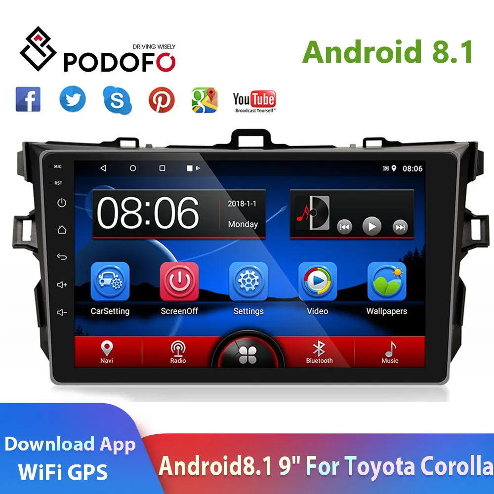 Podofo 2din Car Radio 9'' Android 8.1 2.5D Glass GPS Navi Car Multimedia Play WIFI Audio For 2006-2