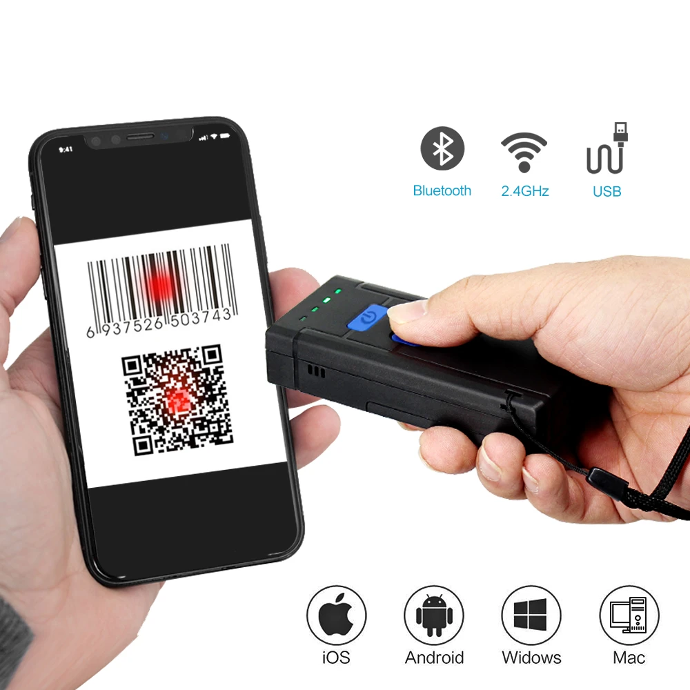 simple scanner 1D 2D Portable Mini USB 2.4G Wireless and Bluetooth 3 in 1 Bar code Scanner QR code Reader Wireless Barcode Reader USB Bluetooth best document scanner