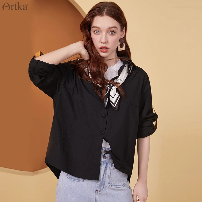 ARTKA 2020 Early Autumn New Women Blouses Fashion 4 Colors Pure Cotton Shirt Loose Casual Long Sleeve Shirts Free Gift SA25009Q